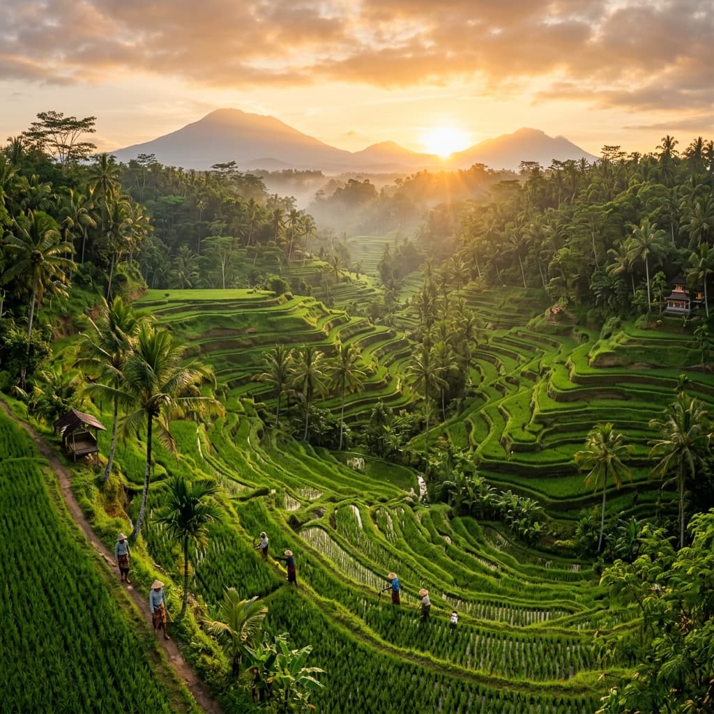 Lush tropical Bali rice terraces at sunrise