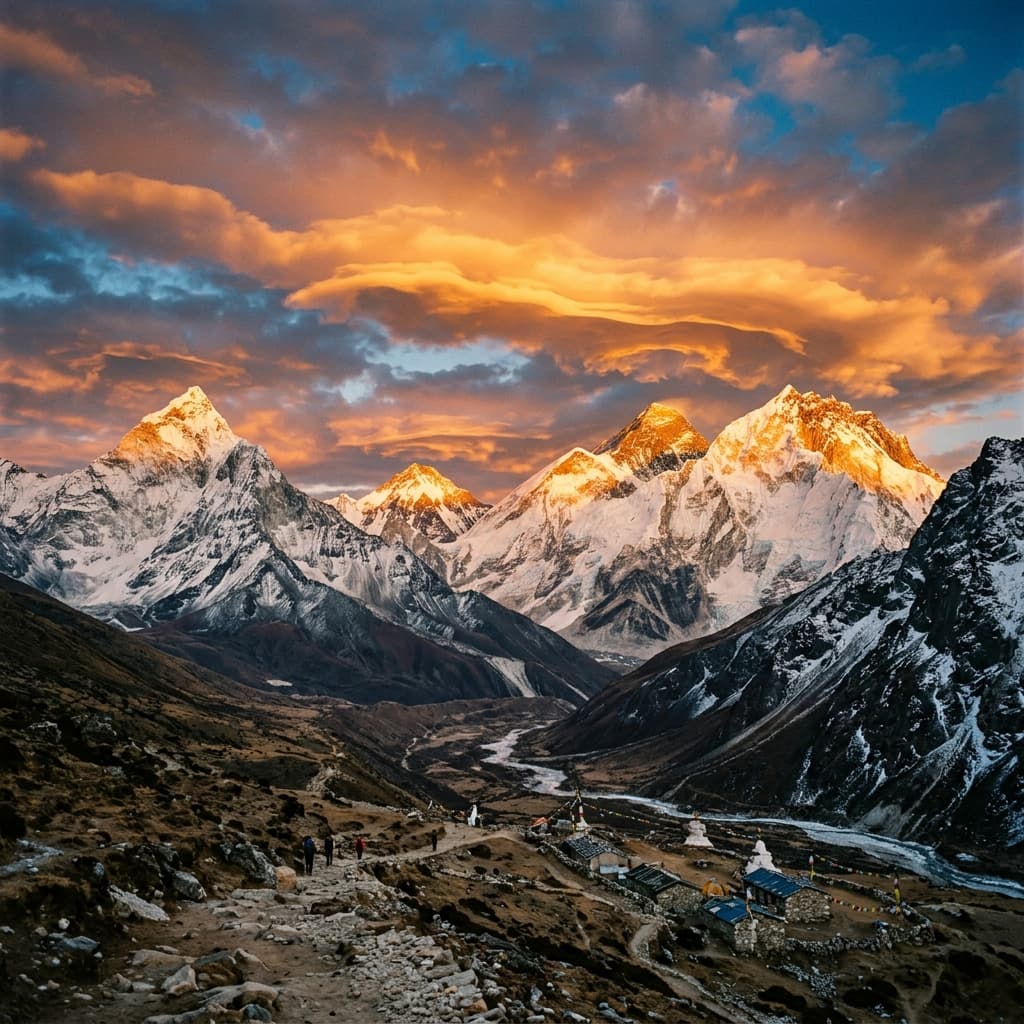 Majestic Himalayan snow peaks at sunset